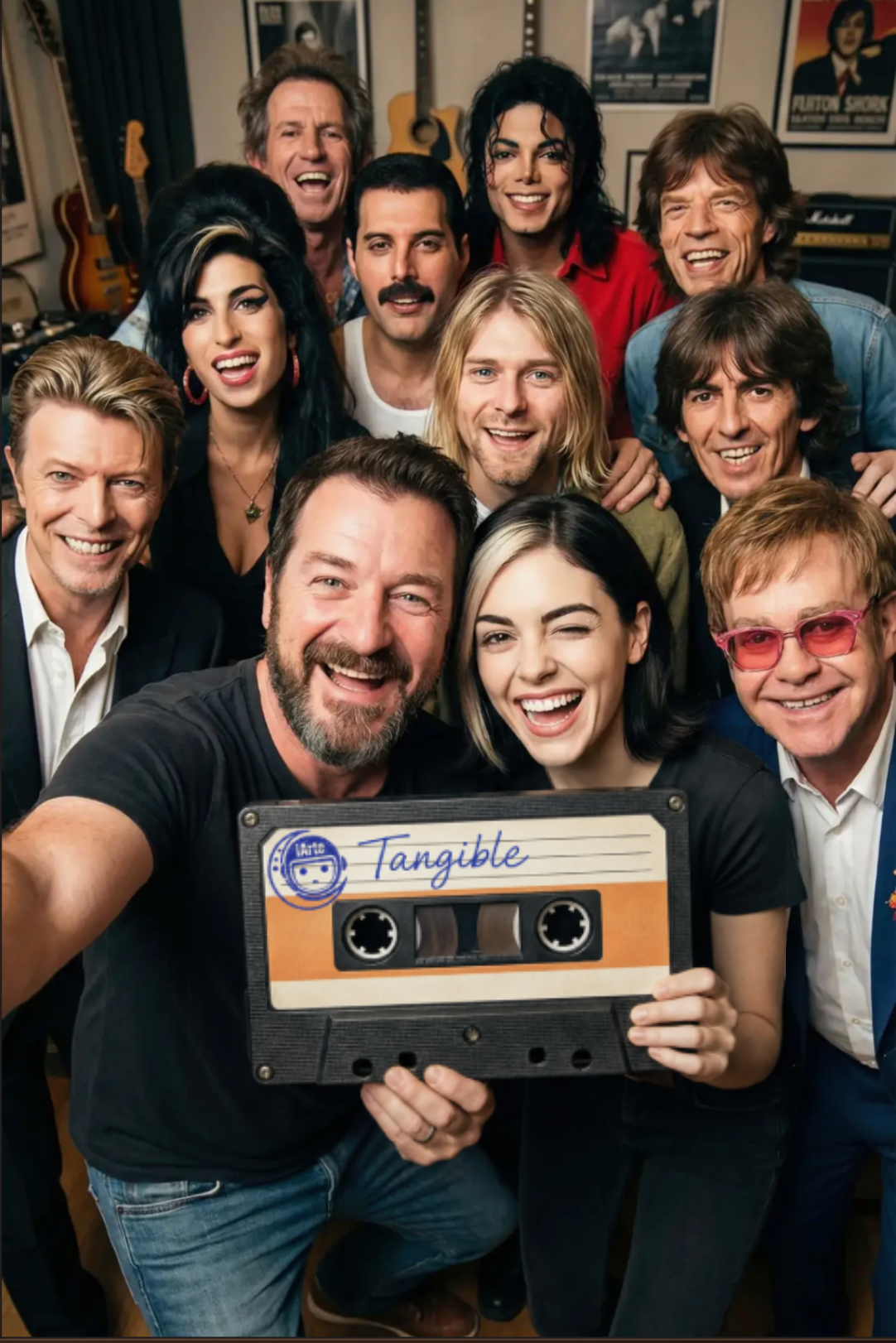 Mork y Luna sostienen un casete corpóreo de IArte junto a músicos de la serie Tangible